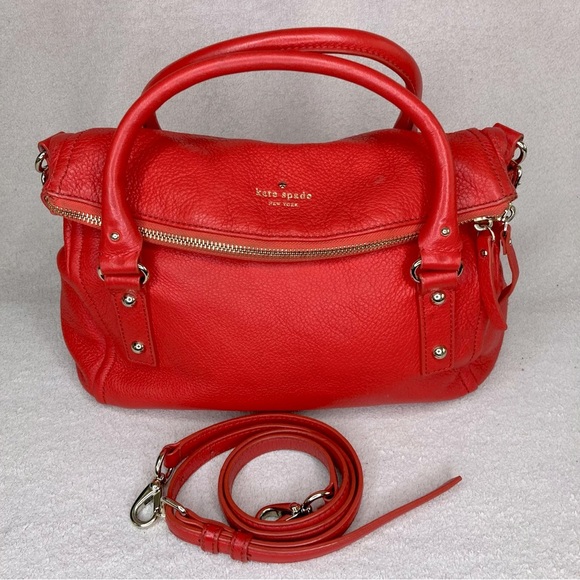 Kate Spade Pebbled Leather Zipper Fold-over Shoulder Bag Purse-Red/Gold-Designer